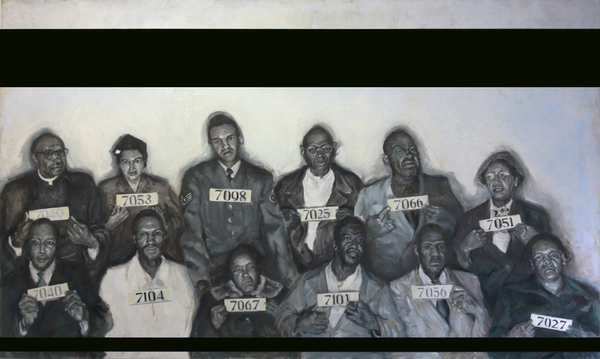 A wide painting of thirteen Montgomery booking portraits, each holding an arrest number