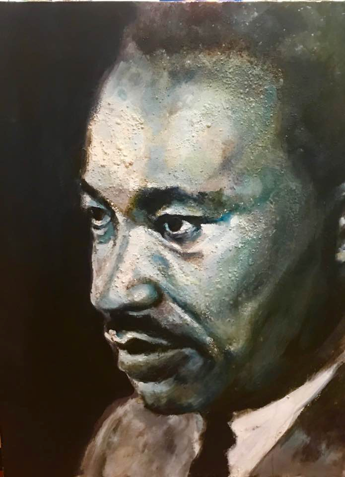A blue-green portrait of Dr King in profile
