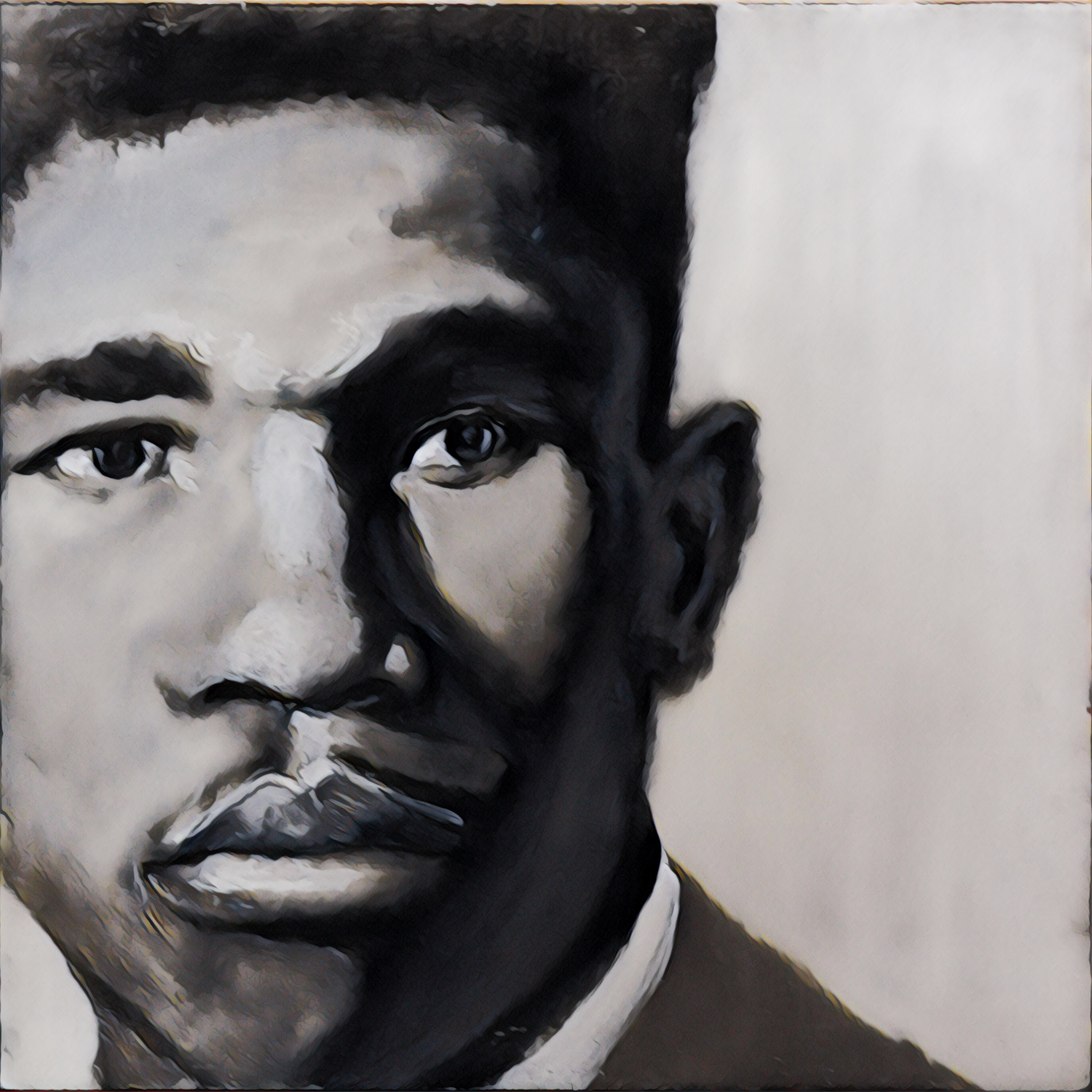 A black-and-white painted portrait of Medgar Evers