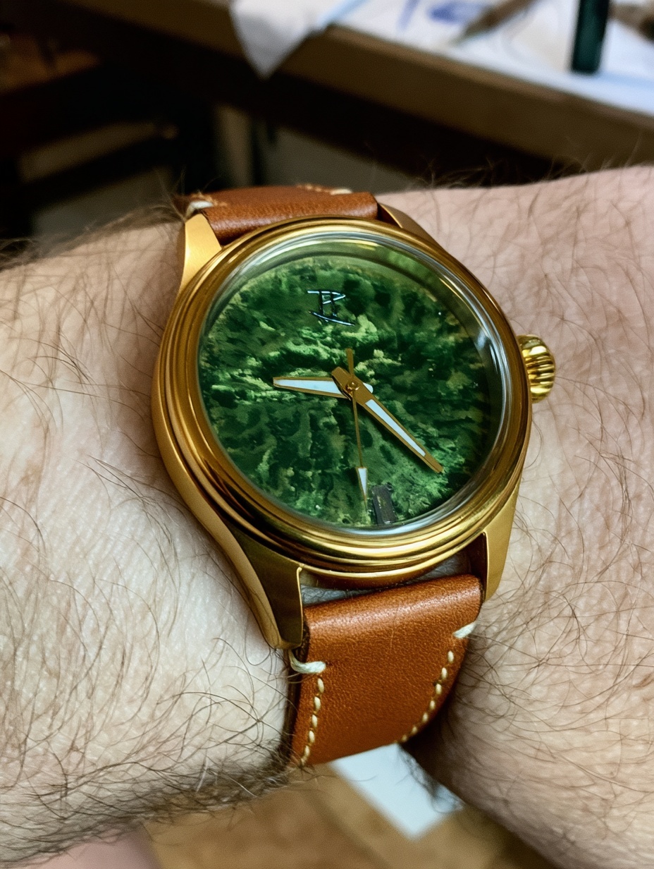 A deep green reticulated dial in a gold case on tan leather