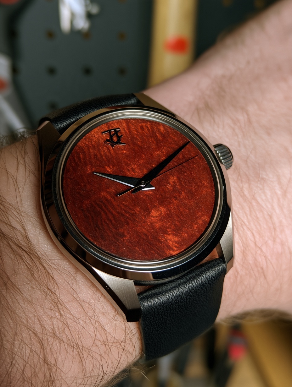 A deep red reticulated dial in a polished steel case on black leather